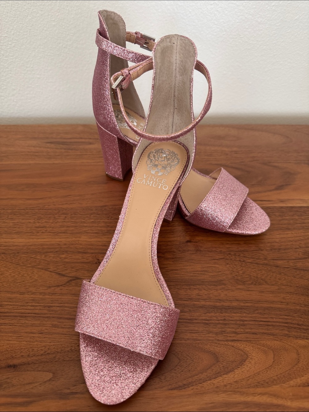 Vince Camuto Rose Pink Glitter Block Heel Sandals